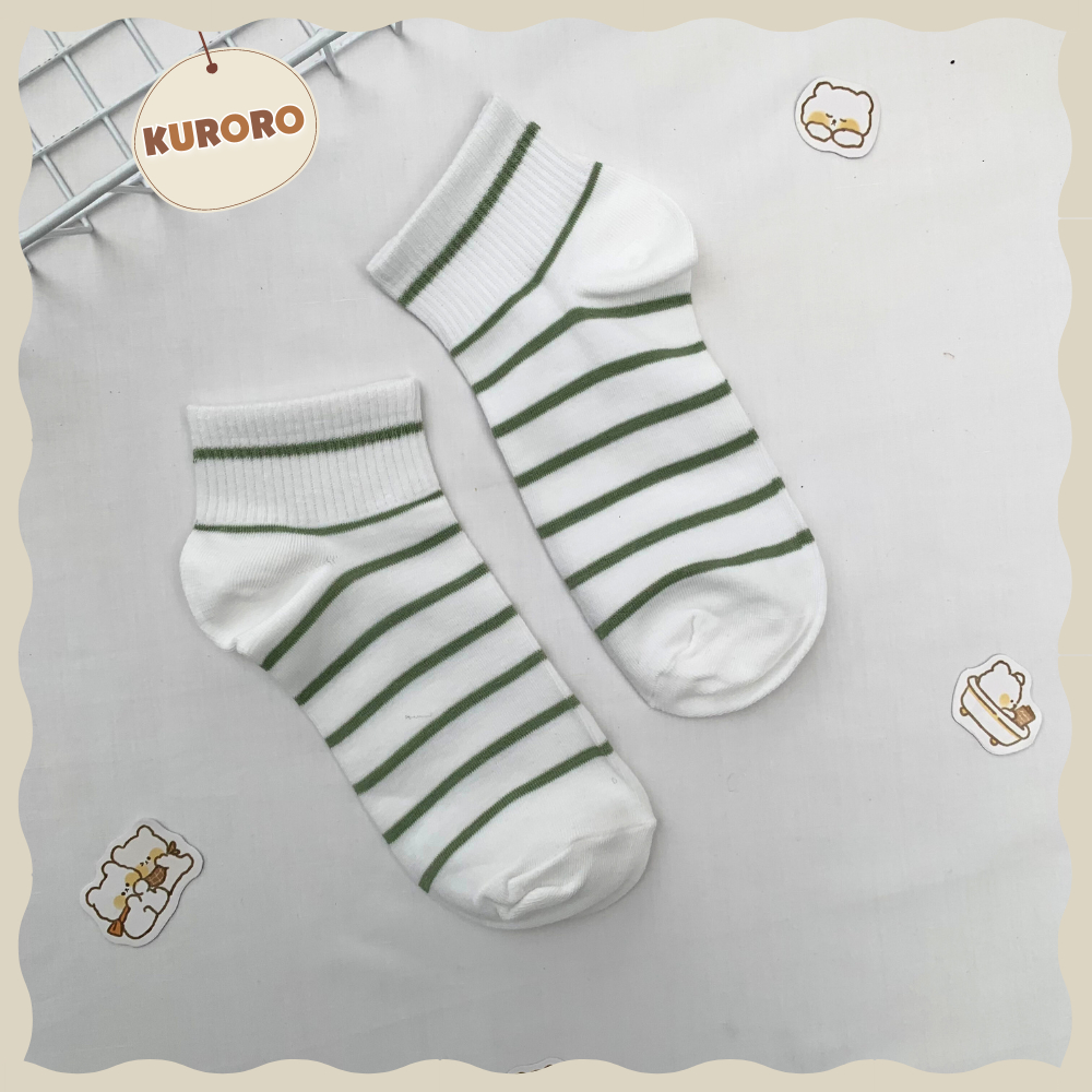 Tất cổ ngắn Trắng xanh bơ - sọc ngang - Vải cotton co giãn bốn chiều thoáng khí