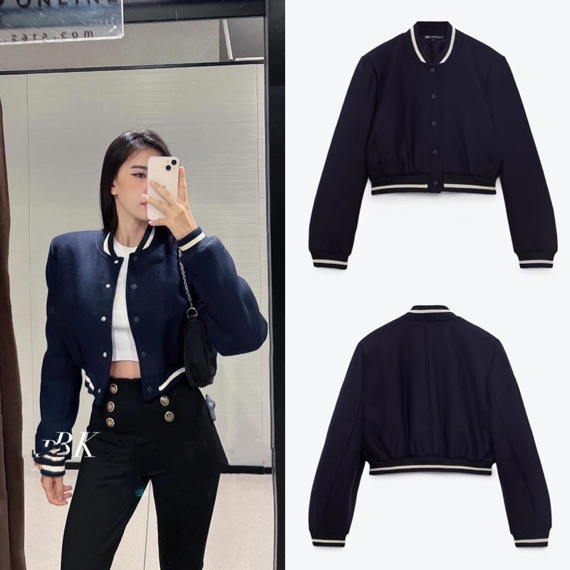 Áo bomber xanh viền trắng độn vai Za.ra (kèm ảnh thật)