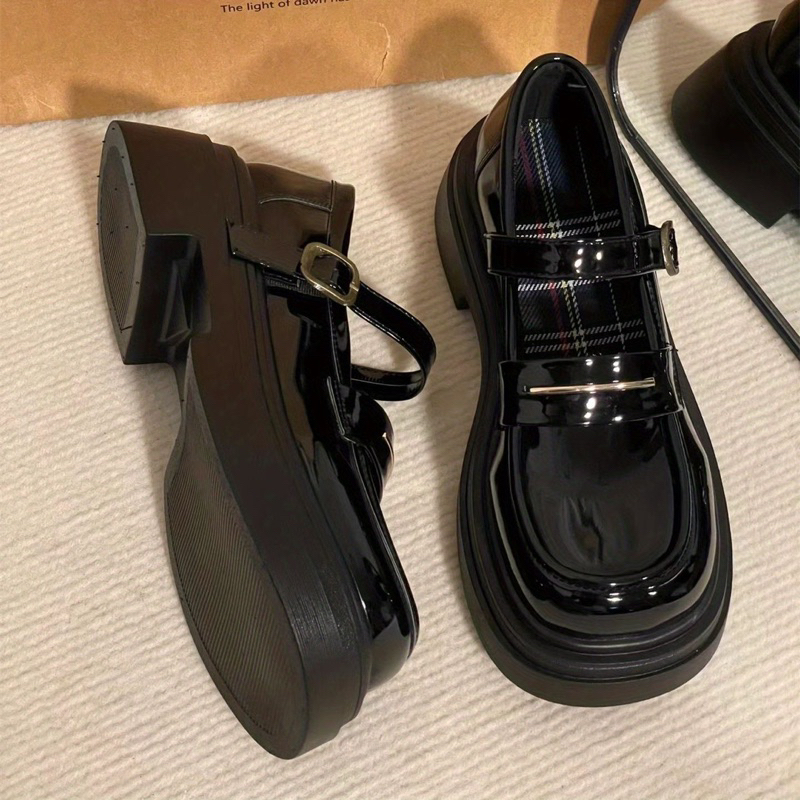 Giày Da Nữ Đế Cao Chất Da Bóng Lót Caro Phong Cách Vintage Hàn Quốc