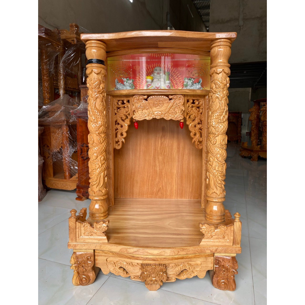 Bàn thờ thần tài ông địa gỗ gõ có hộp đèn ngang 70 cm cao 107