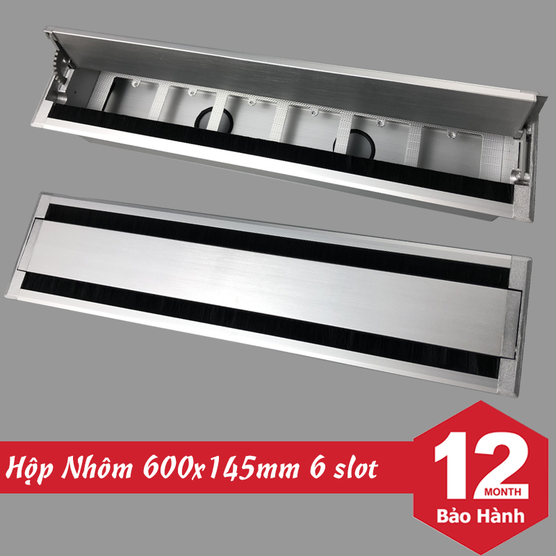 Hộp Điện Nhôm Âm Bàn Họp - Ổ Cắm Âm Bàn Nắp Mở 2 Hướng Cao Cấp HD2H600 Cho 6 Thiết Bị KT600x145mm