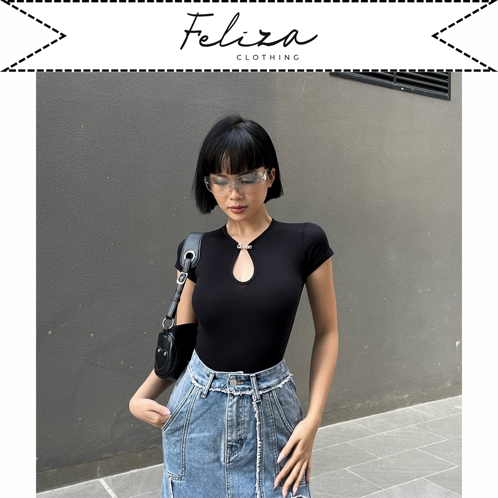 Áo croptop nữ dáng ôm cổ giọt nước kèm khoen tay con chất thun cotton co giãn – Feliza Clothing