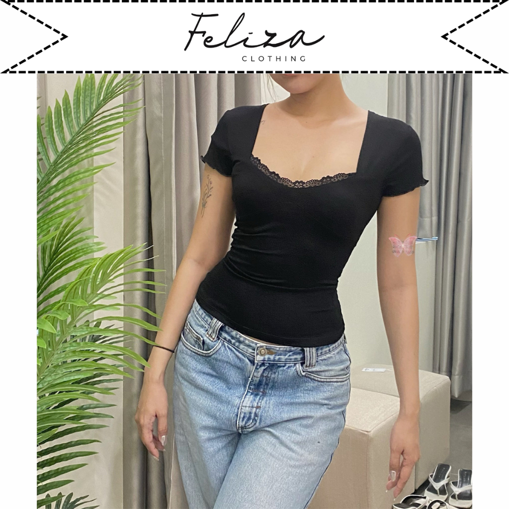 Áo thun nữ dáng ôm cổ phối ren tay con cuốn biển nơ lưng chất thun cotton co giãn – Feliza Clothing