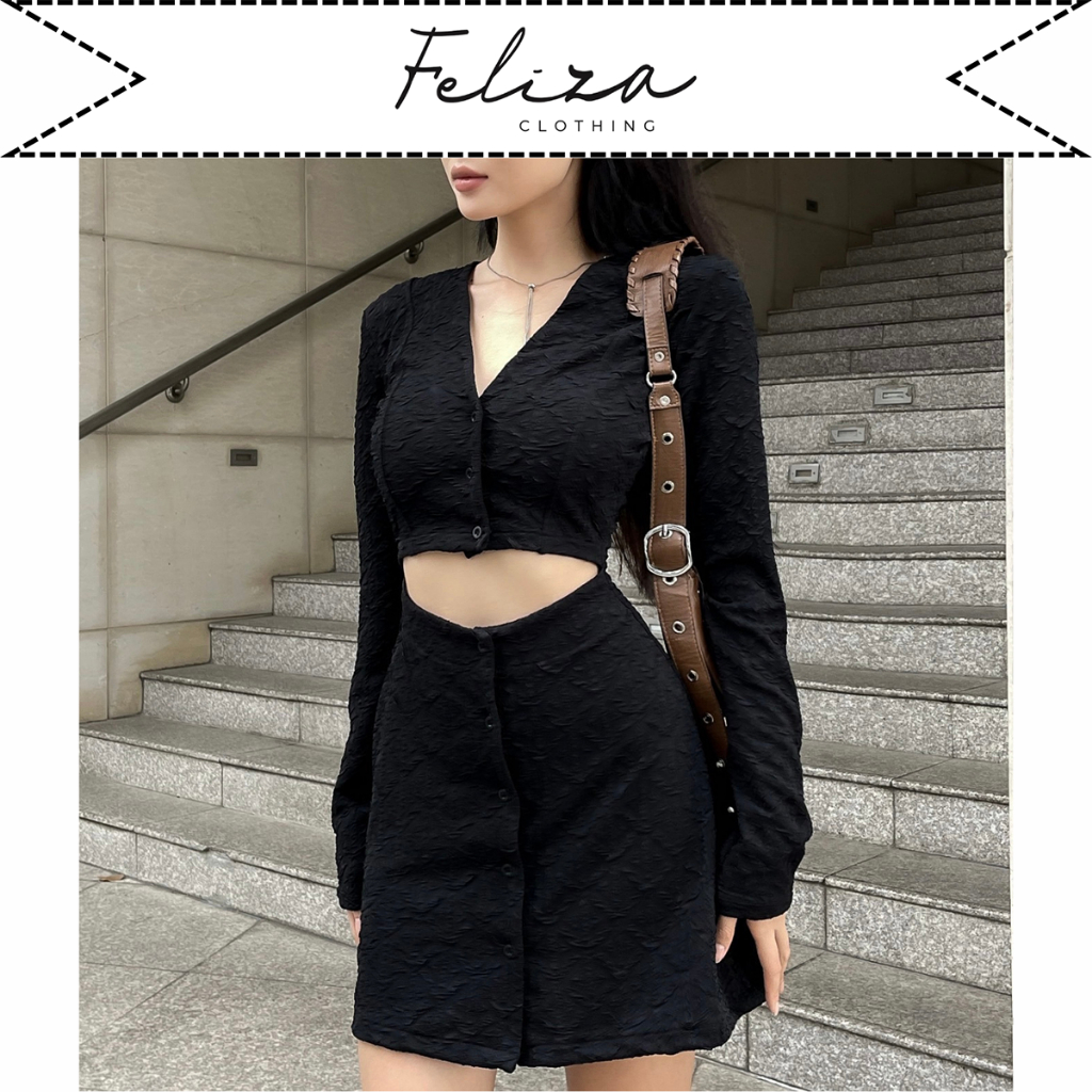 Đầm ngắn nữ chất thun xốp cổ V tay dài khoét eo nút dọc tùng A cá tính – Feliza Clothing