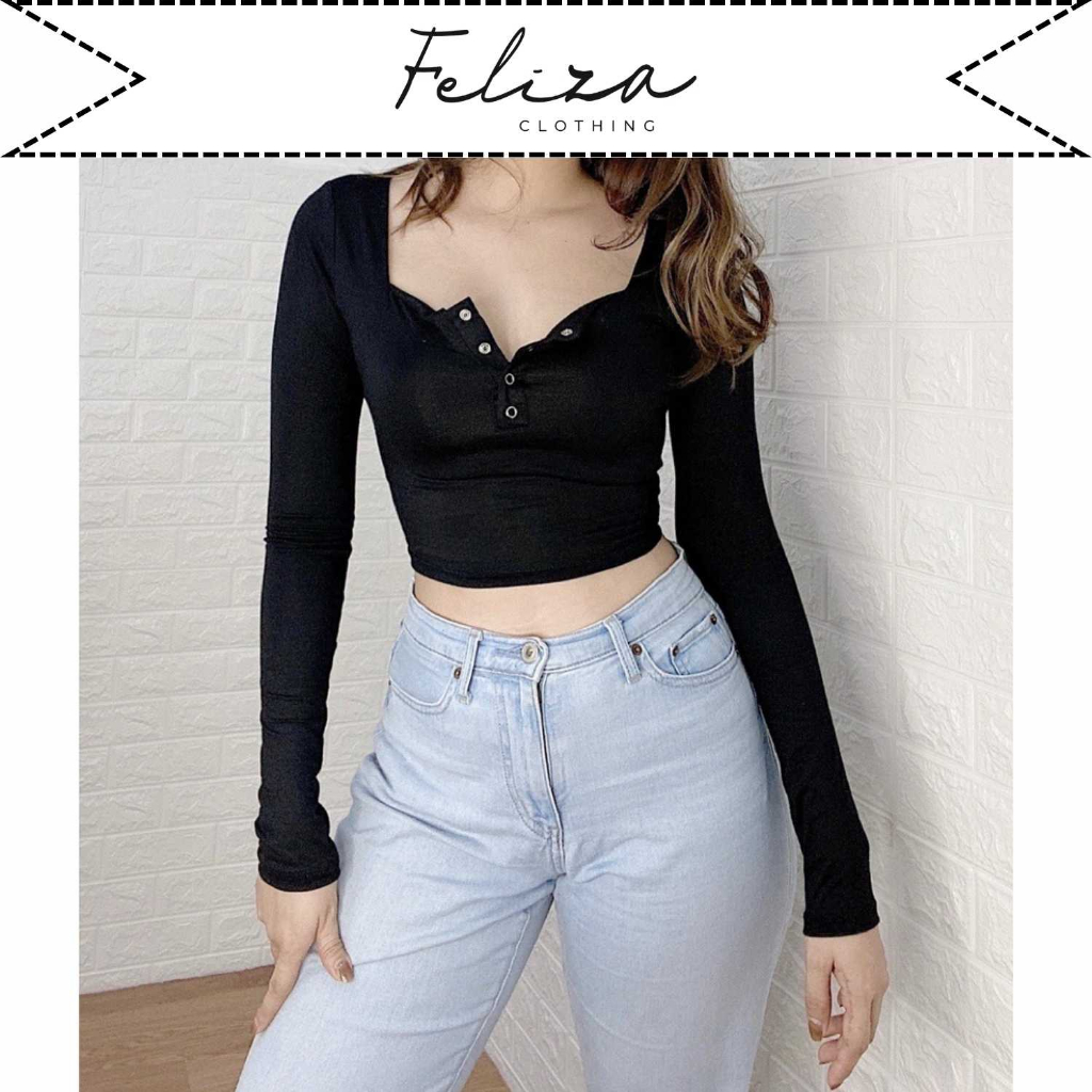 Áo Croptop nữ trơn tay dài cổ vuông nút bấm quyến rũ chất thun lụa mềm – Feliza Clothing