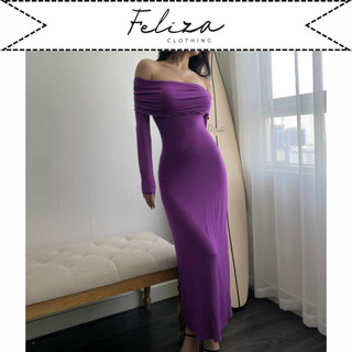 Đầm maxi nữ dáng ôm suông bẹt vai tay dài chất thun lụa mềm – Feliza Clothing