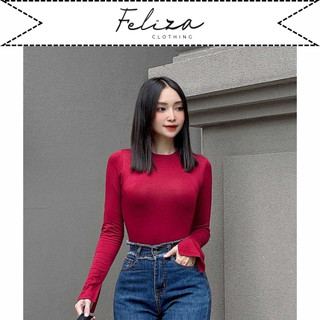 Áo thun tay dài cổ tròn tay xẻ ôm sát body thun cotton mềm co giãn - Feliza Clothing