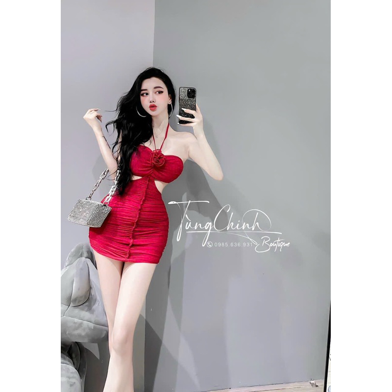 Đầm Body Yếm Nhún Gắn Hoa Hồng Khoét Eo Chất Gân Tăm Dày Dặn