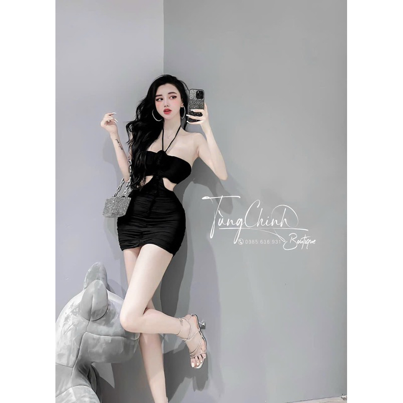 Đầm Body Yếm Nhún Gắn Hoa Hồng Khoét Eo Chất Gân Tăm Dày Dặn