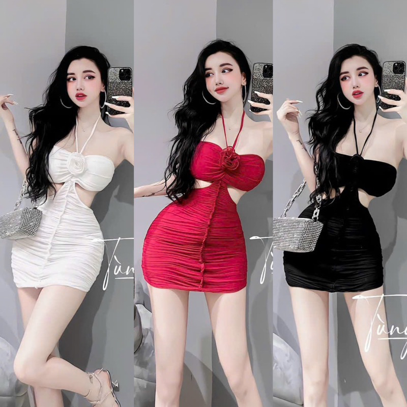 Đầm Body Yếm Nhún Gắn Hoa Hồng Khoét Eo Chất Gân Tăm Dày Dặn