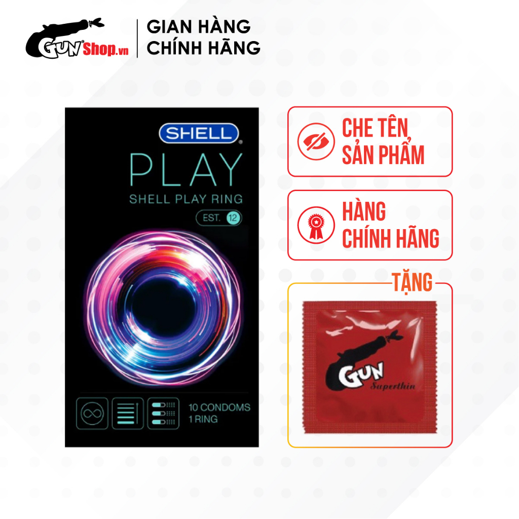 Bao cao su Shell Play Ring 6 tính năng hộp 10 cái kèm 1 chiếc BCS Gun Super Thin - 00110