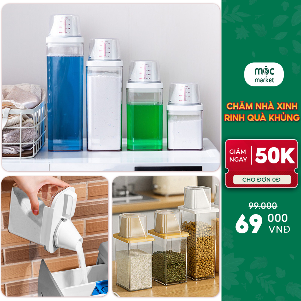 Hộp đựng đa năng Mộc Market nhựa cao cấp trong suốt có lắp đo dung tích - hộp đựng thực phẩm hạt khô bảo quản