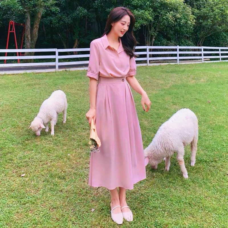 Đầm váy sơ mi nút eo tay ngắn 14 màu