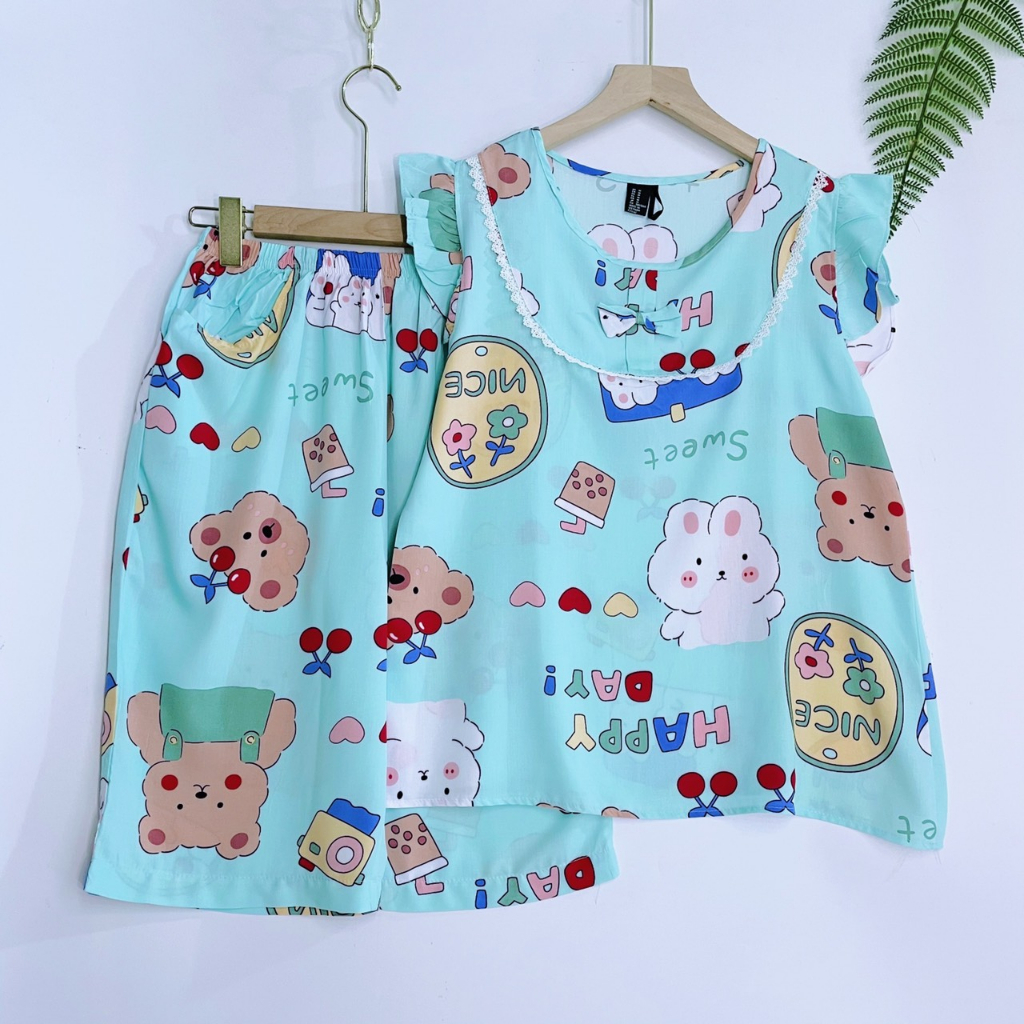 Bộ lanh nữ lửng cánh tiên phối ren VNXK 45-75kg LCT102, Đồ bộ tole 2 da loại 1 mịn mát