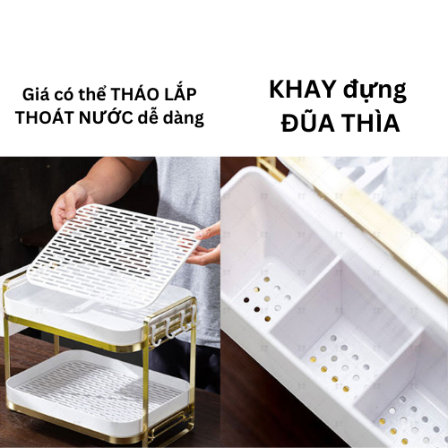 Kệ giá khay để cốc chén INOX 304 cao cấp chống han gỉ tuyệt đối, nhựa PP an toàn, tặng kèm ống đựng đũa thìa và móc treo