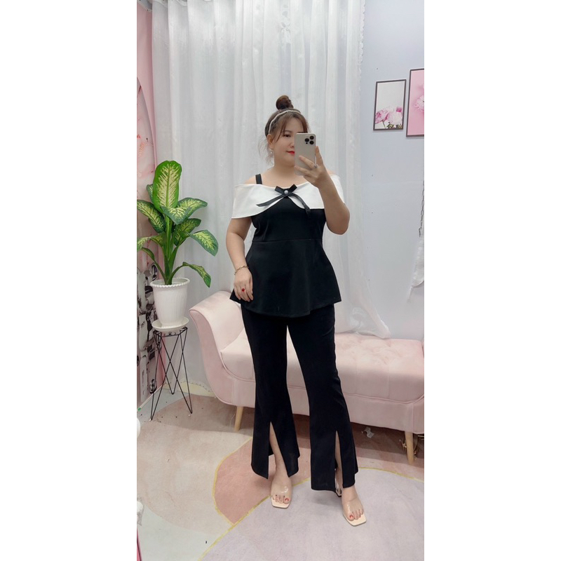 SÉT BỘ ÁO RỚT VAI ,QUẦN LOE XẺ LAI BigSiZe Nữ 69kg đến 95kg