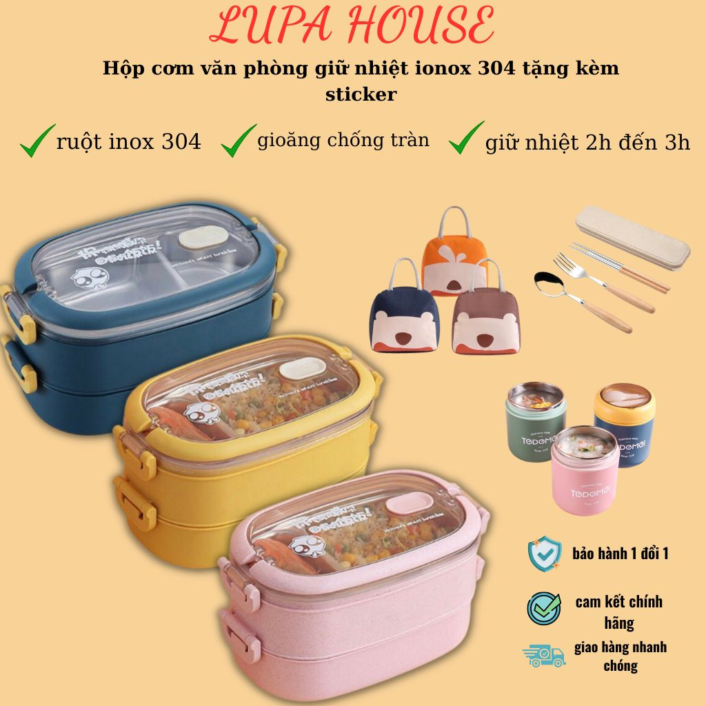 Hộp đựng cơm văn phòng lúa mạch giữ nhiệt 2 tầng LUPA HOUSE ruột inox 304 kèm gioăng chống tràn và có quai sách tiện lợi
