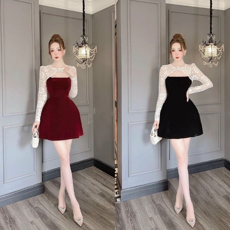 Đầm Váy Midi Nữ dự tiệc sự kiện đám cưới đi biển Cổ Nơ Tay Dài Phối Ren Chất Nhung Điệu Đà ( Có Mút) 102