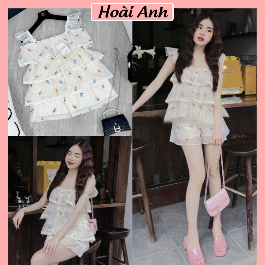 Set Bộ Áo 2 Dây Cánh Tiên Tơ Nhũ Hoa Thêu Nổi Ren Tầng Mix Quần Sooc Đùi 2 Lớp Freesize