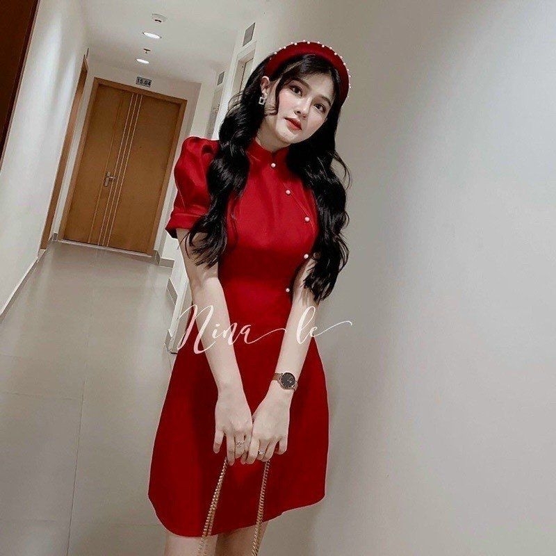 Đầm váy nữ sườn xám cổ tàu đính nút cườm với tone đỏ sáng da xinh xắn dành cho các nàng đi chơi, dạo phố 94