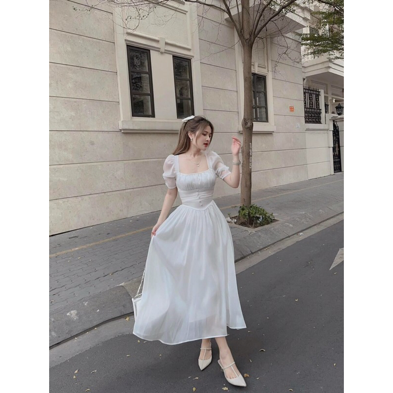 Đầm váy nữ dự tiệc voan lụa họa tiết hoa mảnh mai dễ thương, xinh xắn tôn dáng khi đi chơi