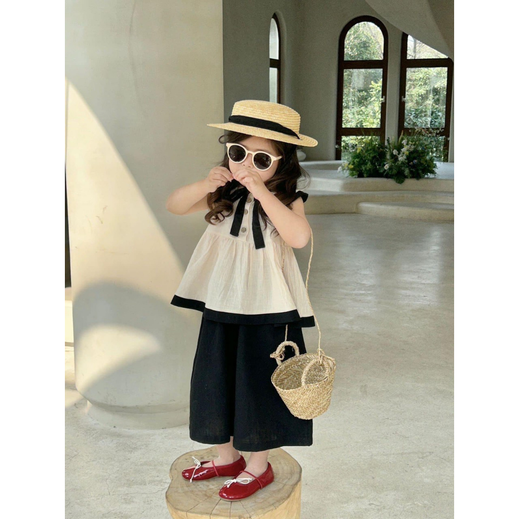 Đồ bộ bé gái - Quần áo bé gái - Set Áo babydoll sát nách cổ sen quần xuông size từ 7 đến 18 kg, SUN KID'S