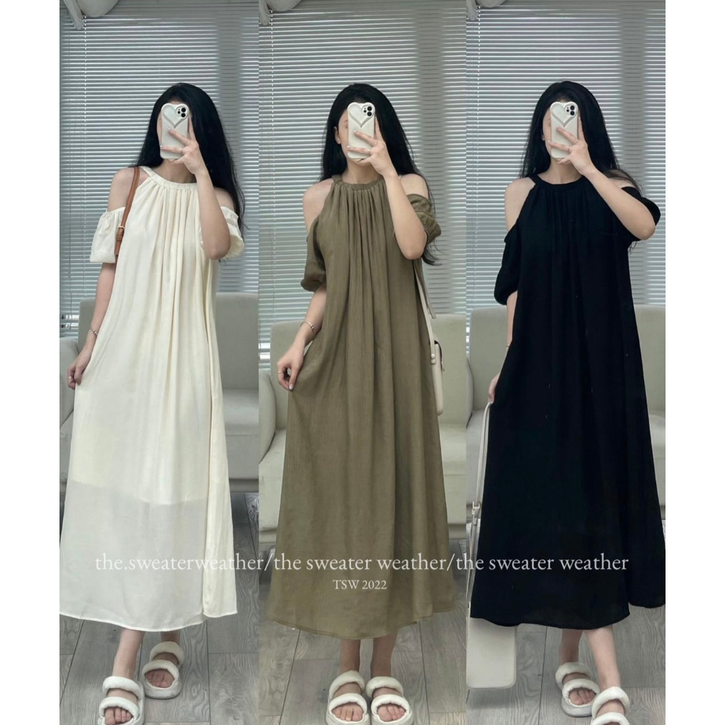 Váy Maxi Lụa Tơ Khoét Vai Hàn Quốc, Dáng Siêu Xinh, Hàng Cao Cấp Loại 1, Freesize Dưới 65Kg