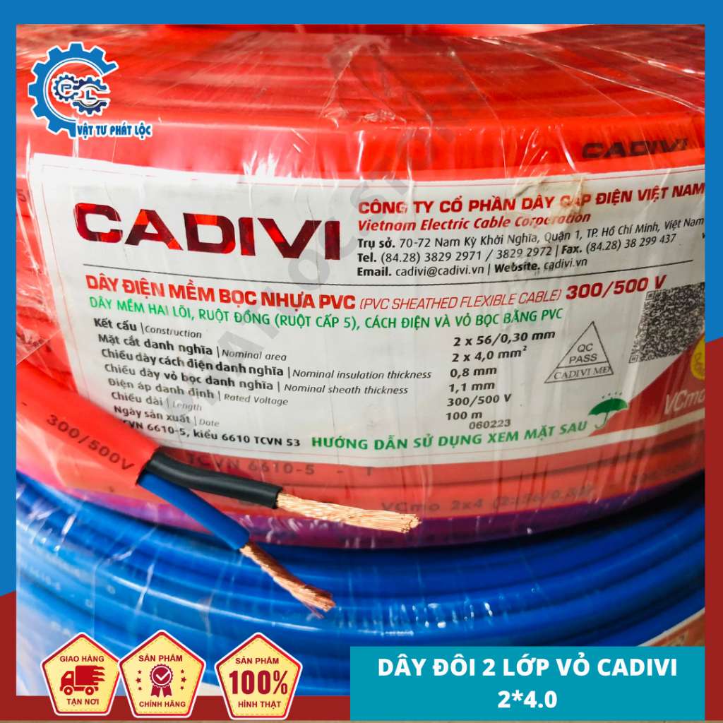Dây điện đôi 2 lớp vỏ 2x1.0 mm Cadivi  cuộn 100 mét - dây điện mềm dẹp 2 lớp vỏ an toàn Cadivi Vcmo 2 x 1.0 mm2