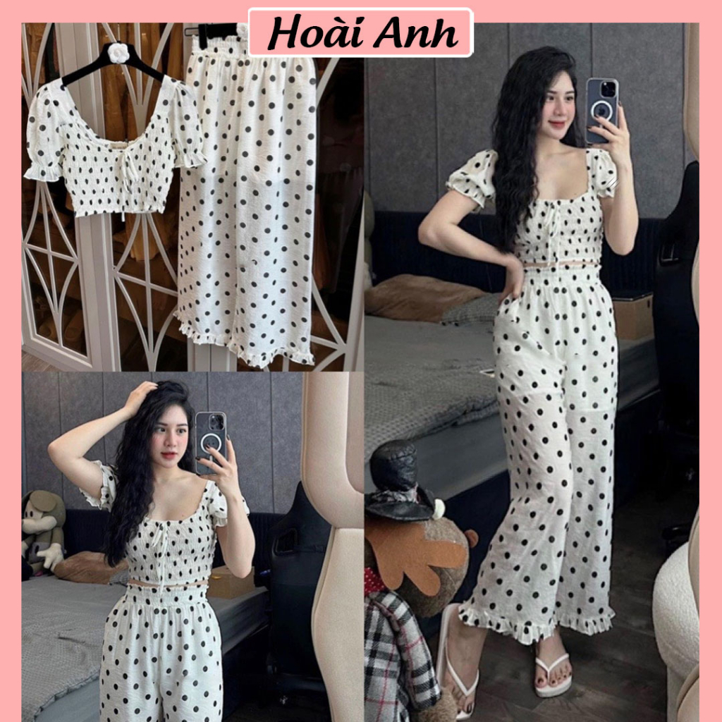 Set Bộ Đồ Nữ Đũi Tằm Áo Croptop Chun Chấm Bi Tay Bồng Mix Quần Ống Rộng Phối Viền