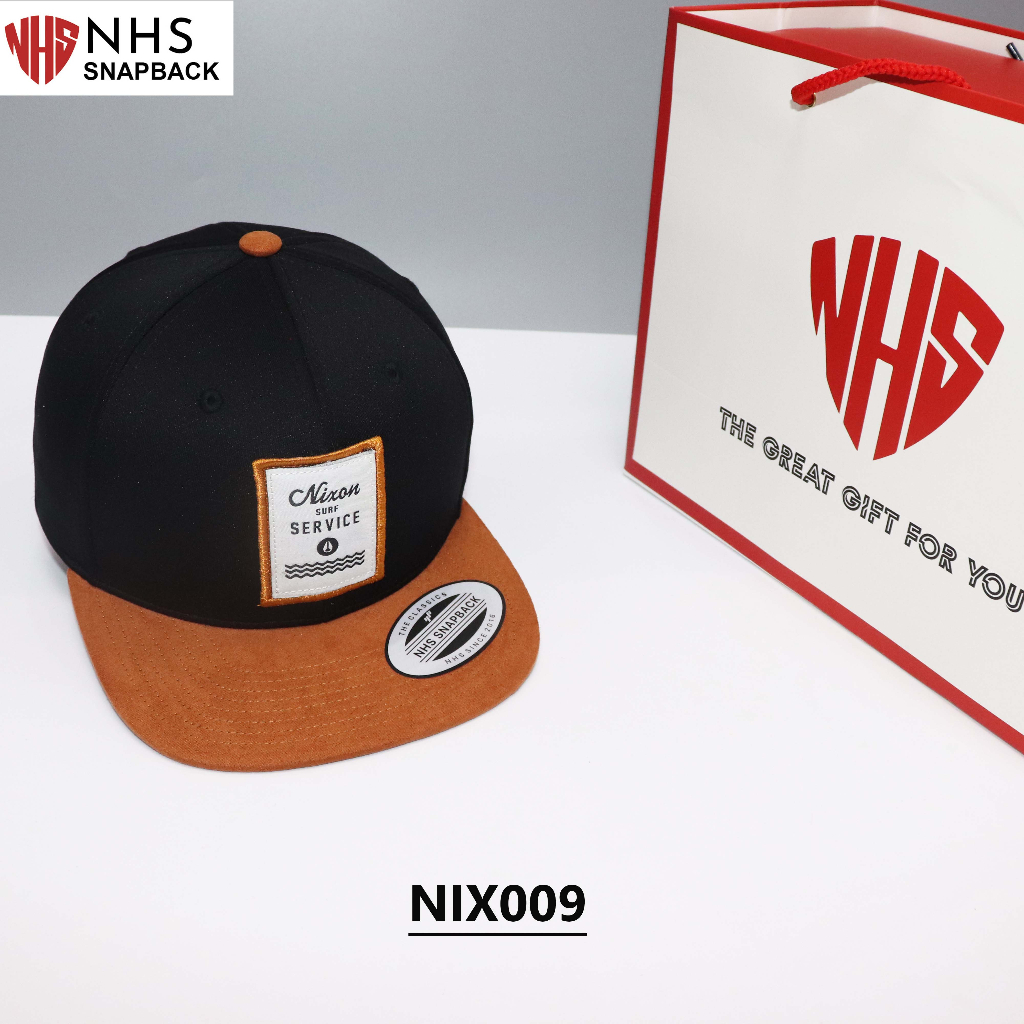 Nón NHS Snapback đen kết cam da lộn Nix009