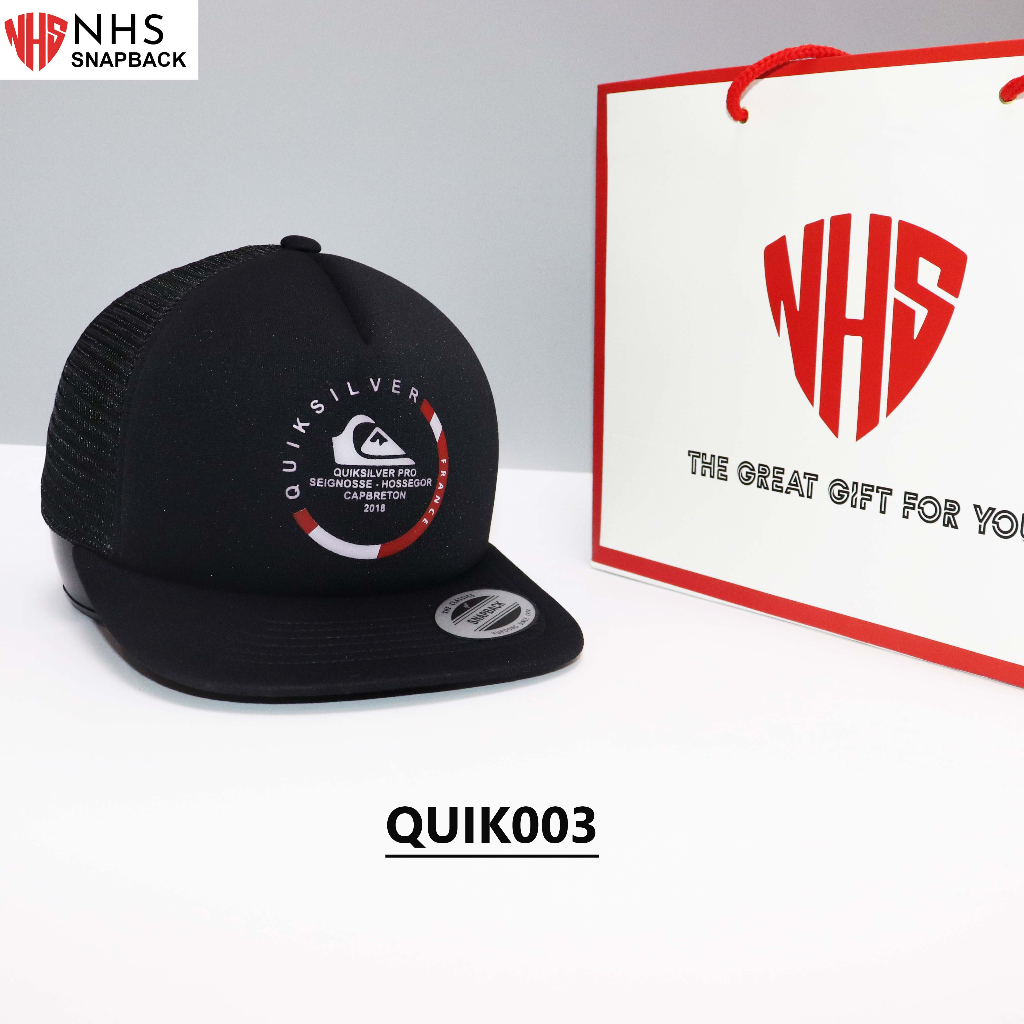 Nón NHS Snapback Quiksilver Full đen logo in đỏ sẫm Quik003