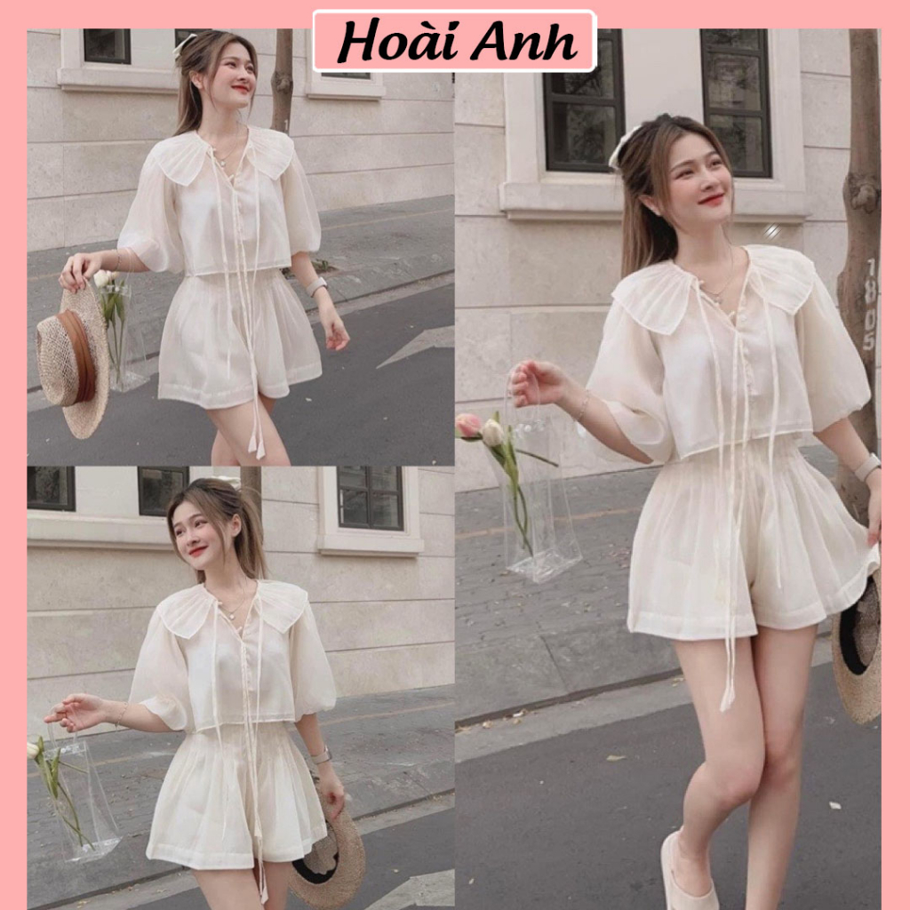 Set Bộ Đồ Nữ Áo Tơ Cổ Bèo Tay Bồng Mix Quần Sooc Ống Rộng Có Lót Trong Freesize
