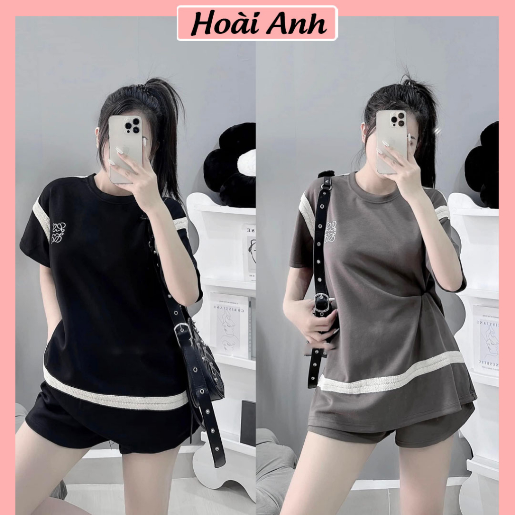 Set Bộ Đùi Loewe Áo Phông Ngắn Tay Phối Viền Dây Mix Quần Sooc Freesize