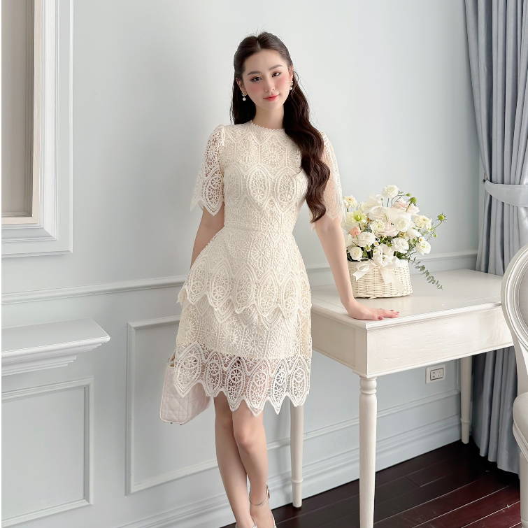 Đầm váy ren nữ 2 tầng dáng A ngắn thời trang thiết kế công sở đi dự tiệc cưới sự kiện dạ hội nữ tính sang trọng LEVAN