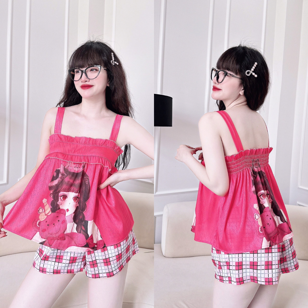 Đồ Bộ Mặc Nhà Nữ Quần Đùi + Áo 2 Dây Nhún Bèo Lụa Xước In 3D_Ngân Boutique Đồ Ngủ Pijama