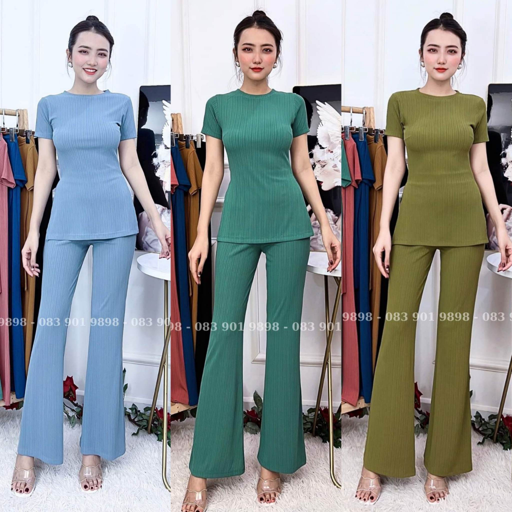 Đồ bộ nữ, set đồ bộ quần ống loe lưng cao có túi và áo ôm ngắn tay xẻ lai vải thun gân xương, bộ đồ mặc ở nhà nữ