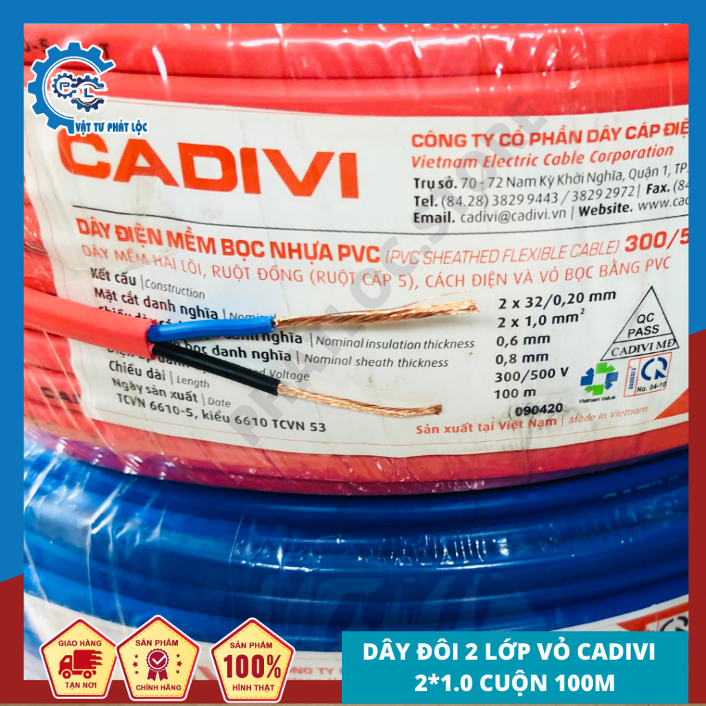 Dây điện đôi 2 lớp vỏ 2x1.5 mm Cadivi  cuộn 100 mét - dây điện mềm dẹp 2 lớp vỏ an toàn Cadivi Vcmo 2 x 1.5 mm2