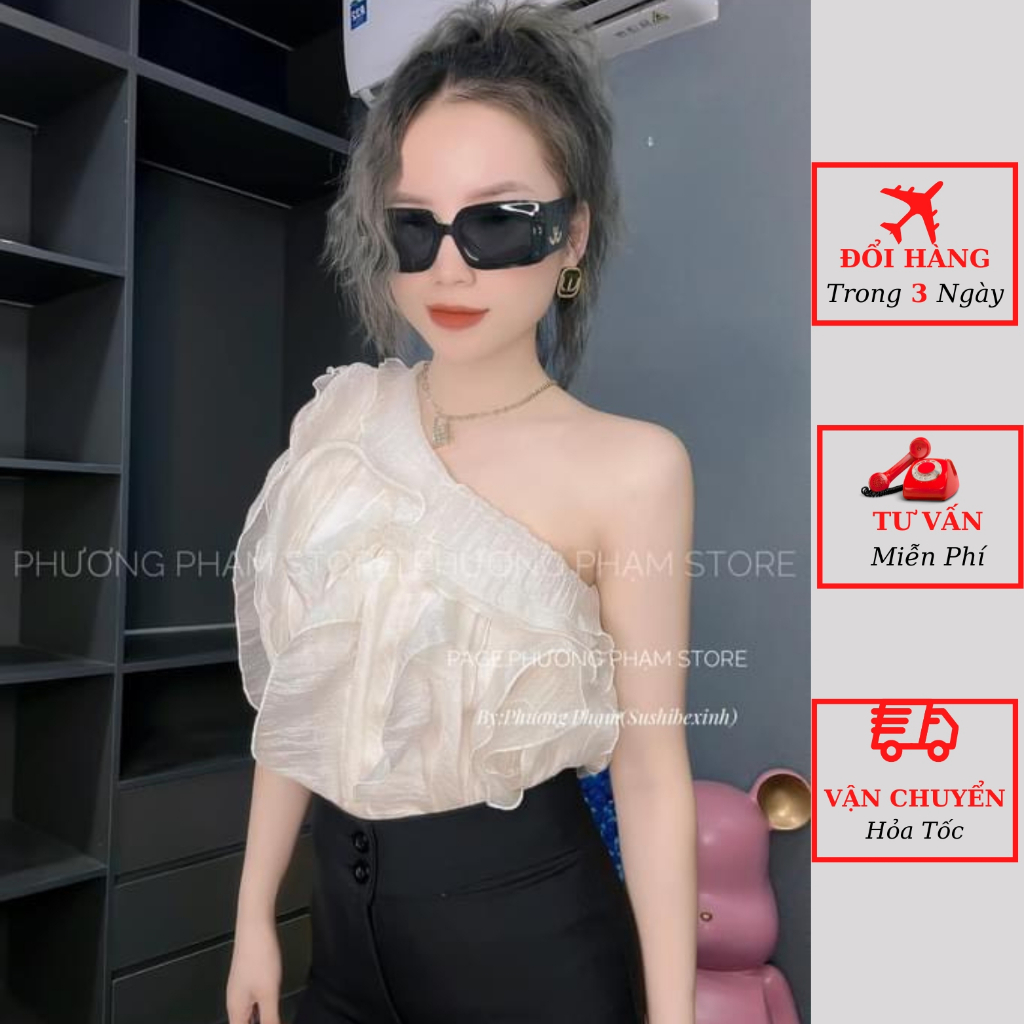 Áo trễ lệch vai voan tơ nữ bèo tầng dáng ngắn tiểu thư bánh bèo ulzzang Hàn Quốc