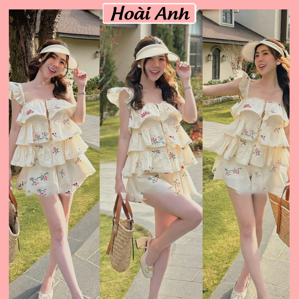 Set Bộ Đồ Nữ Áo 2 Dây Hoa Ren Tầng Cánh Tiên Mix Quần Sooc Đùi Ống Rộng Viền Ren Freesize