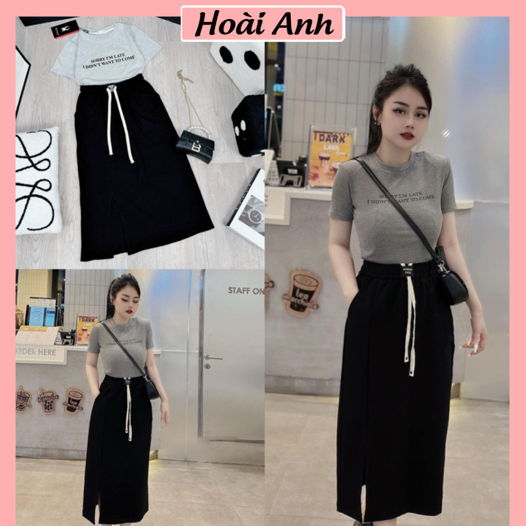 Set Bộ Đồ Nữ Áo Thun Body Sorry Mix Chân Váy Xẻ Vạt Dáng Dài Dây Rút Freesize