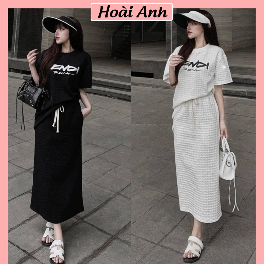 Set Áo Xốp Ô Nổi Fendi Mix Chân Váy Bút Chì Dáng Dài Freesize