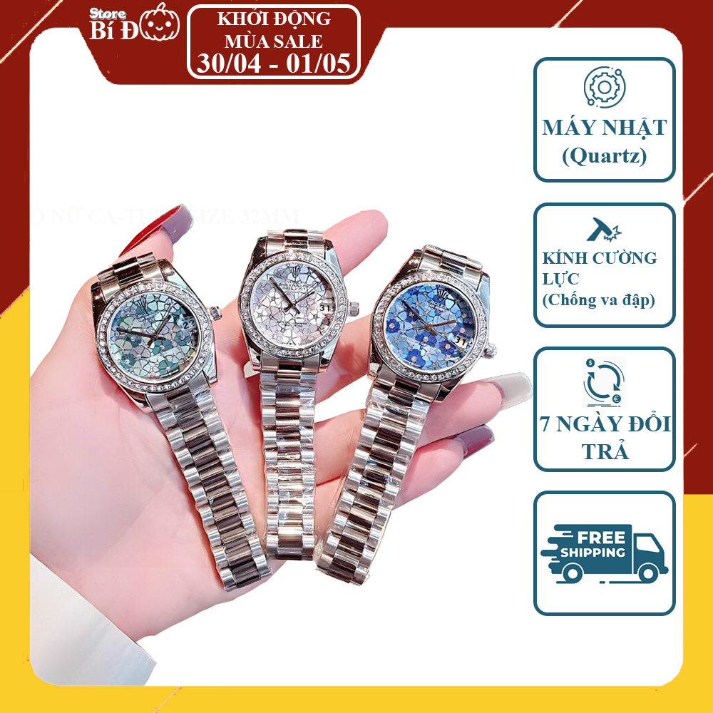 Đồng hồ nữ ROLEX máy nhật, kính shaphire, chống nước, mặt đính hạt size 32mm, dây hợp kim đúc CAO CẤP