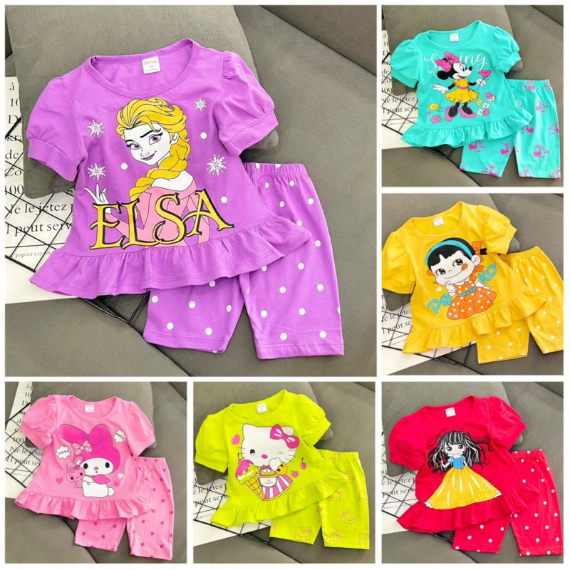 22-40kg Bộ thun coton tay ngắn quần lửng babydoll bé gái dễ thương size đại 950