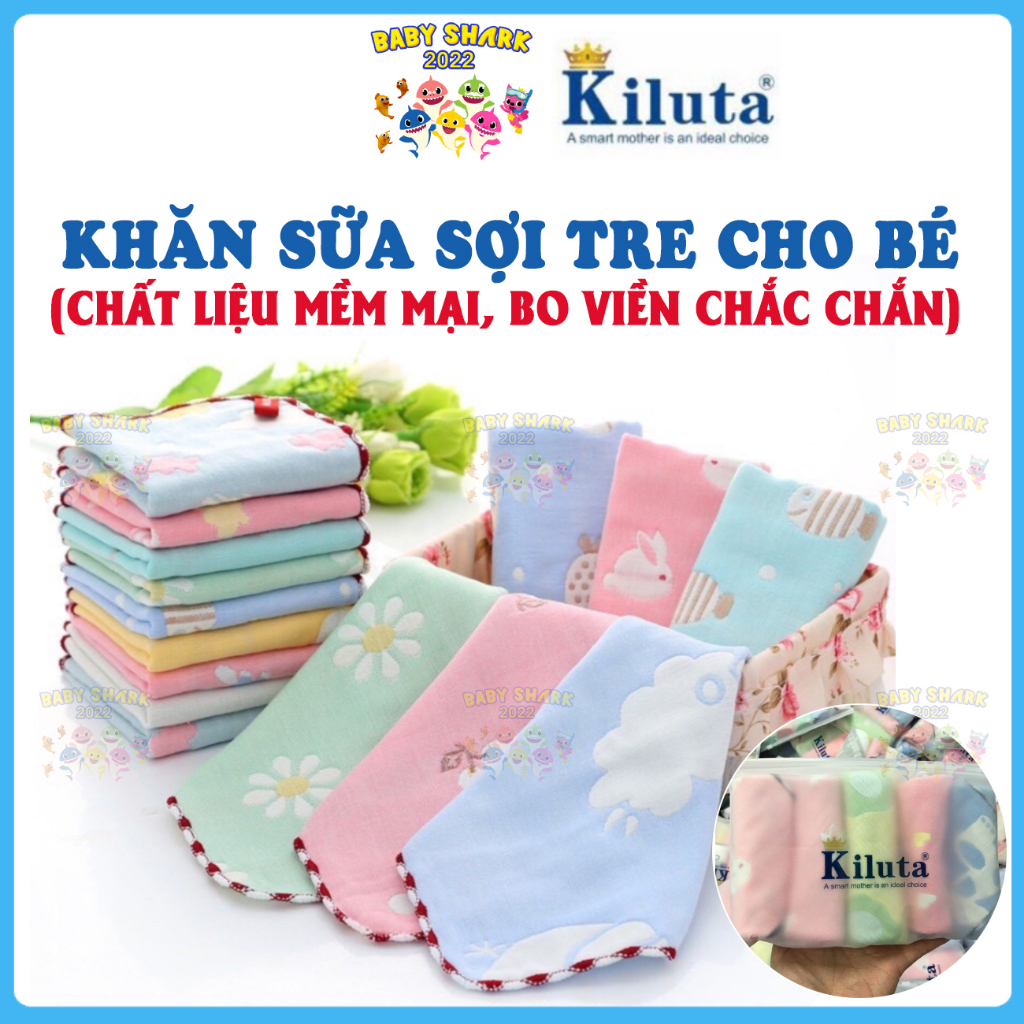 Khăn sữa cho bé 6 lớp sợi tre mềm mịn, bo viền KILUTA 25x25 cm