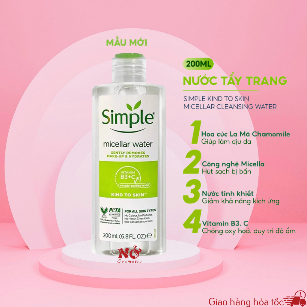 Nước tẩy trang Simple Micellar làm sạch trang điểm vượt trội - không chứa cồn gây khô rát 200ml