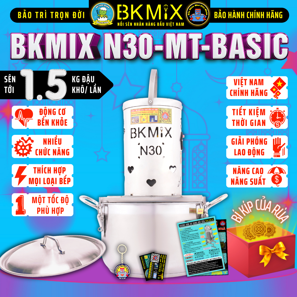 Máy sên nhân BKMIX N30-MT-Basic (một tốc) sên tới 1.5kg đậu khô, Nồi sên nhân bánh trung thu 14 lít - Rùa Sơ Sinh Shop