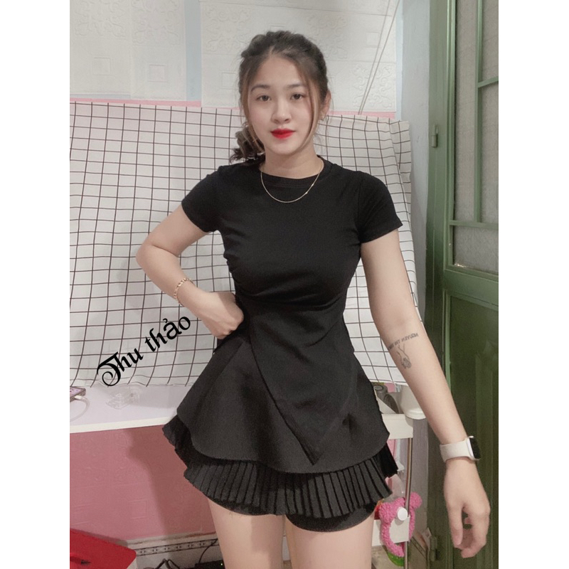 Áo thun body tay ngắn tà nhọn nhún eo