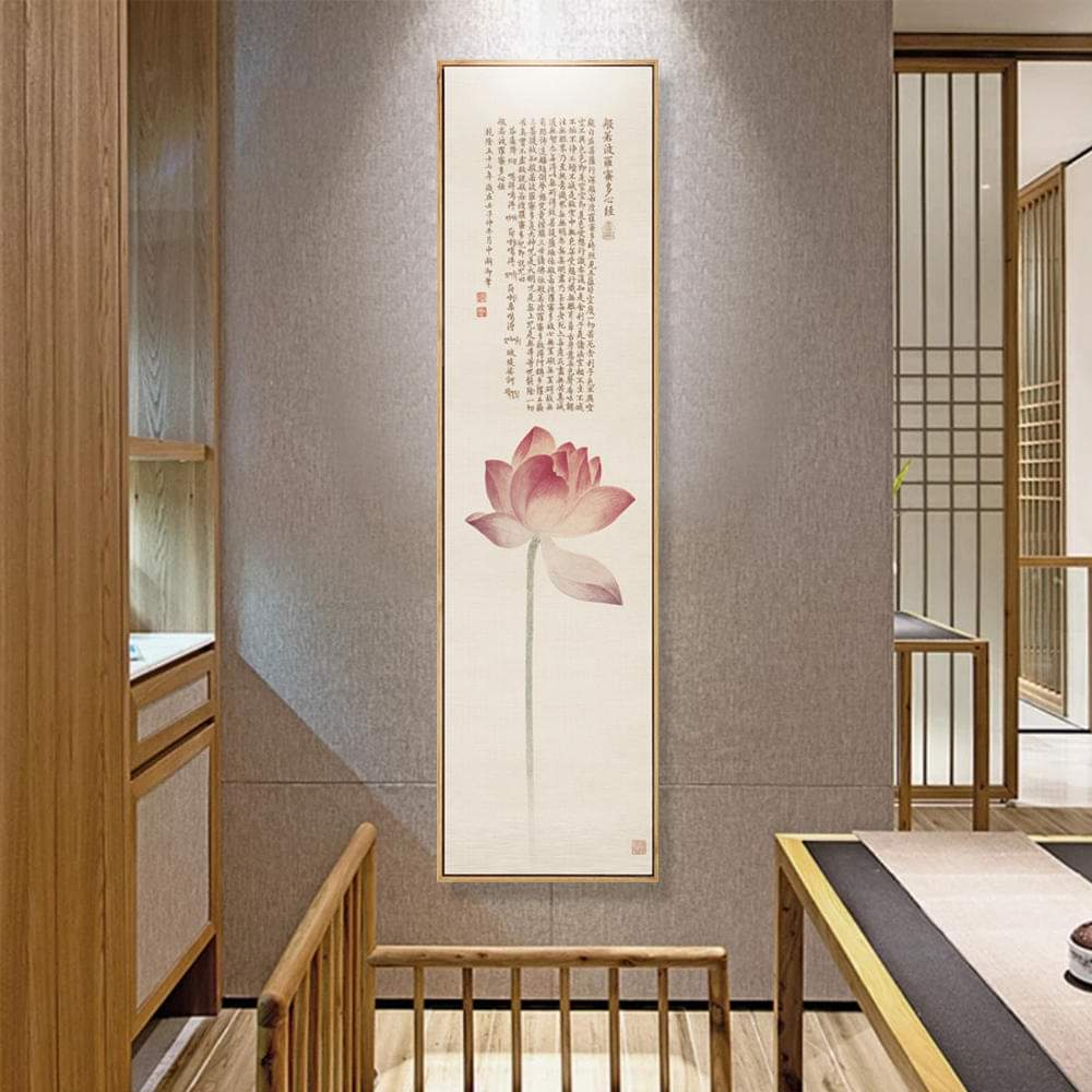 Tranh canvas treo tường hoa sen thư pháp dọc decor spa có thể thay chữ 30 x 120 cm