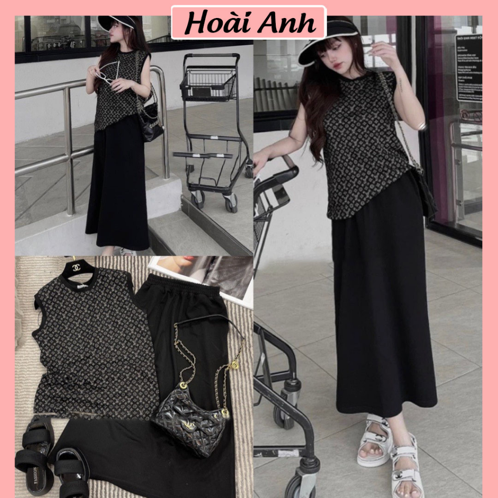 Set Bộ Đồ Nữ Áo Ba Len Dệt LV Phối Viền Mix Chân Váy Dáng Dài Freesize