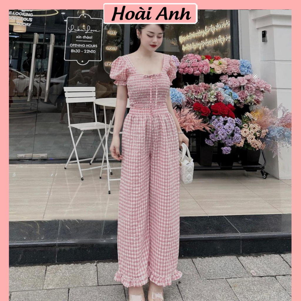 Set Bộ Đồ Nữ Áo Kẻ Caro Croptop Cổ Vuông Tay Bồng Mix Quần Suông Ống Rộng Freesize
